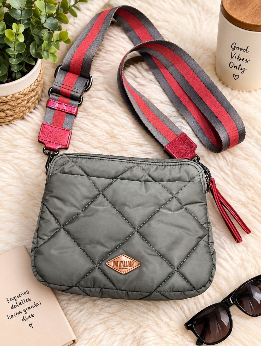 MZ Wallace Madison Olive Quilted Crossbody with Red-Trim Strap